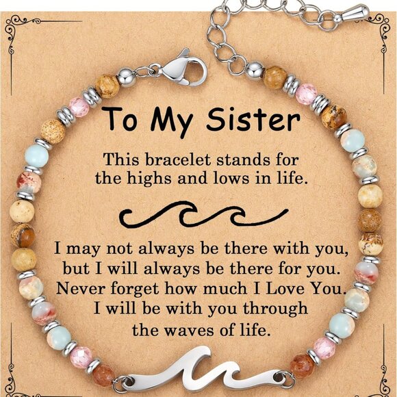Adjustable Sister Wave Bracelet with Natural Stones - Perfect Birthday Gift - Picture 1 of 9